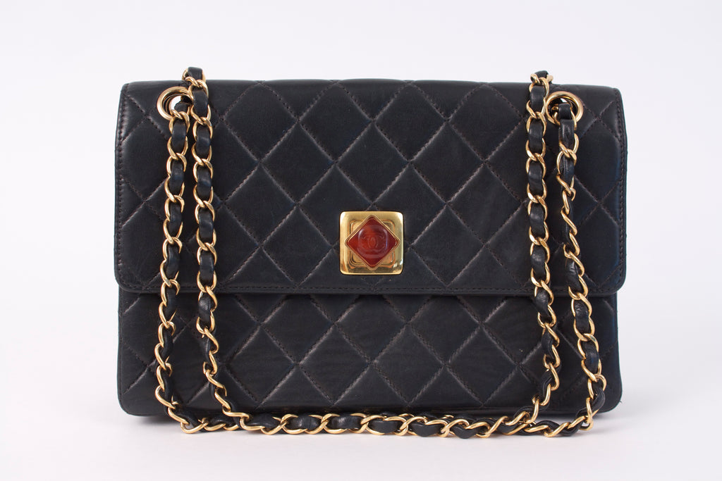 Rare Vintage CHANEL Black Bag Tortoise Chain at Rice and Beans Vintage