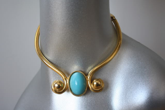 Vintage 70's DONALD STANNARD Brass & Turquoise Choker Necklace