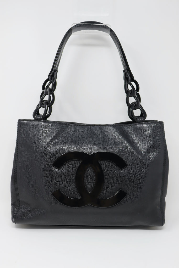Rare Vintage CHANEL Caviar Tote With XL Lucite Logo