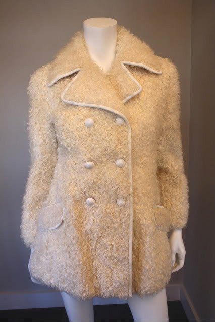 Vintage 60's I. MAGNIN Off White Curly Lamb Fur Double Breasted Coat with White Leather Trim & Buttons