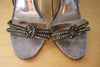BADGLEY MISCHKA Silver Satin Open Toe Pump Trimmed in Silver Velvet & Rhinestone Vamps, Size 6.5