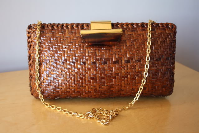 Vintage ITALIAN Brown lacquered Woven Wicker Clutch or Shoulder Bag with Gold & Lucite Hardware