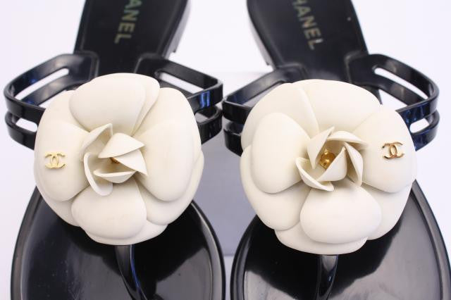 CHANEL Black Sandals w/White Camellia Flowers at Rice and Beans Vintage