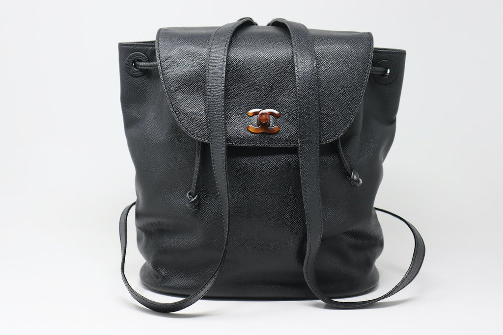Vintage CHANEL Black Caviar Backpack With Tortoise Accents