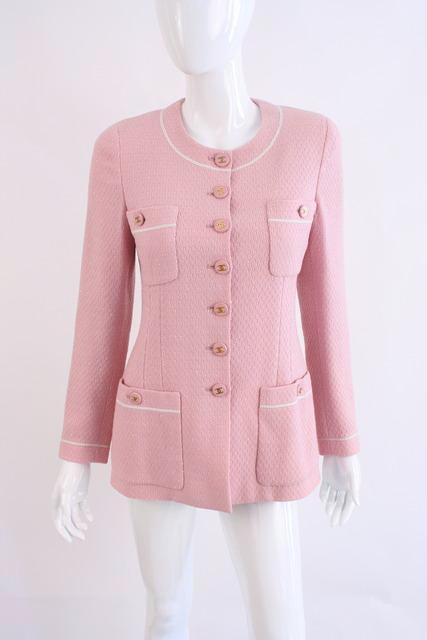Vintage CHANEL Pink Jacket with Logo Buttons at Rice and Beans Vintage