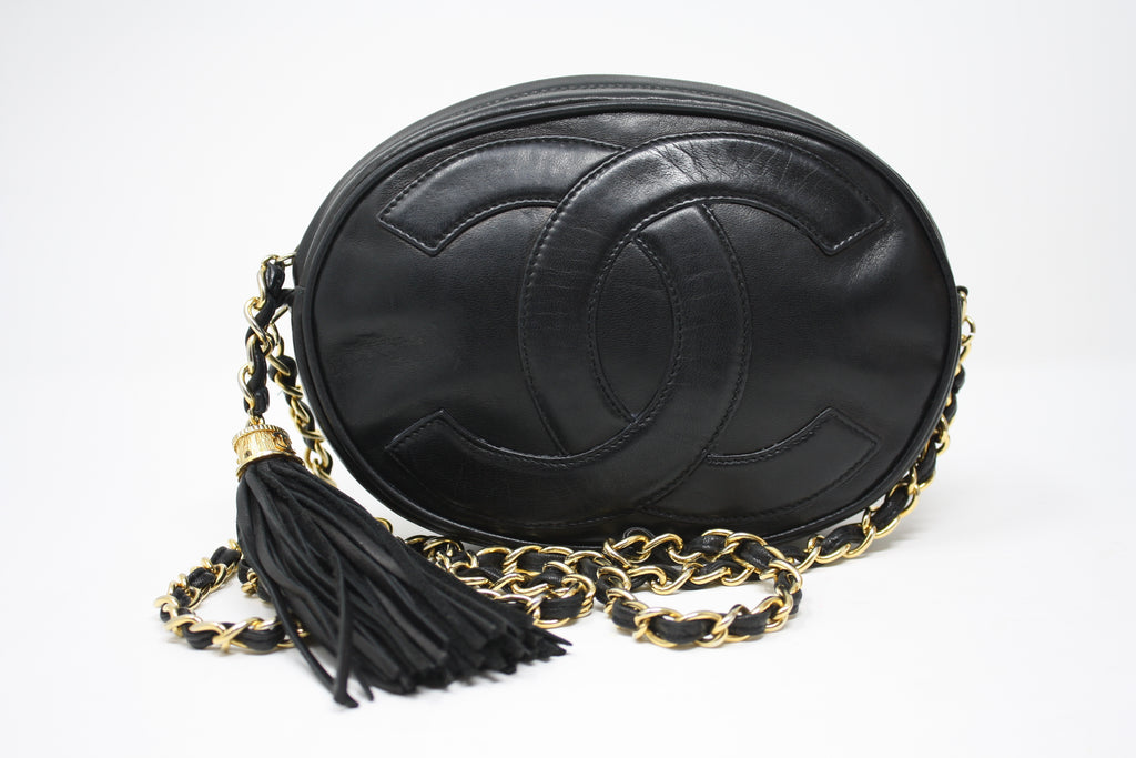 Chanel Vintage Chanel Black Lambskin Leather Large CC Logo Oval