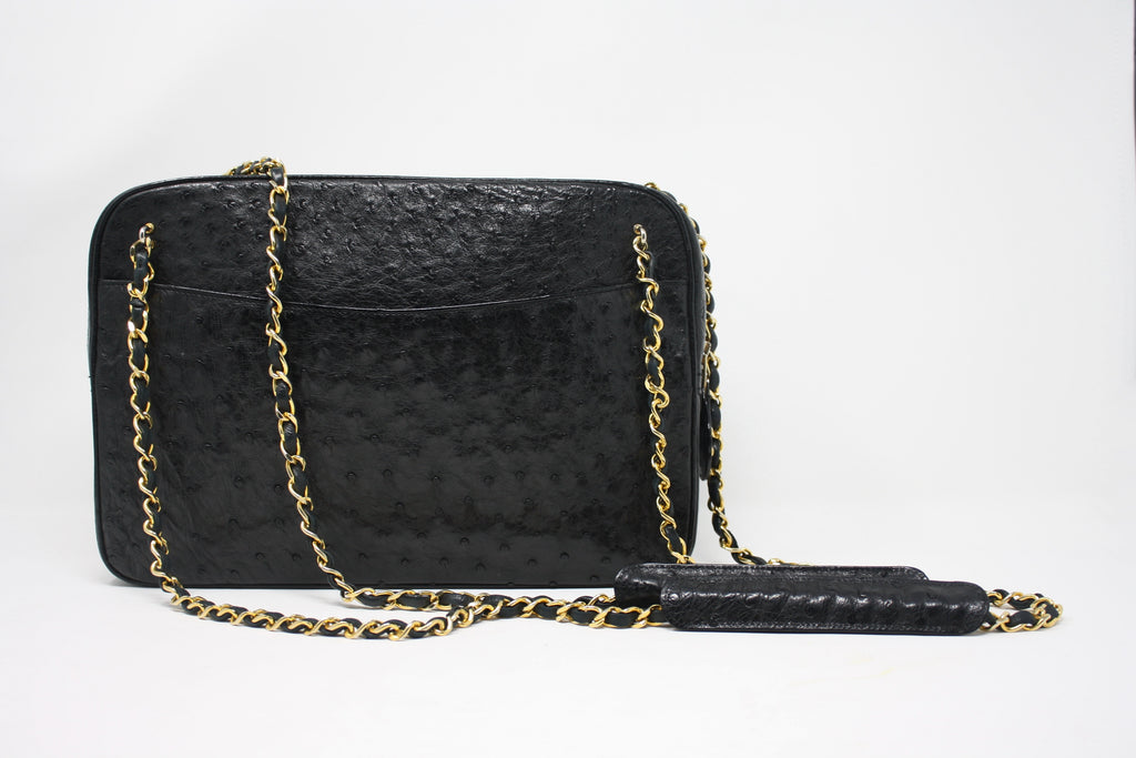 Rare Vintage CHANEL Black Ostrich Camera Bag at Rice and Beans Vintage