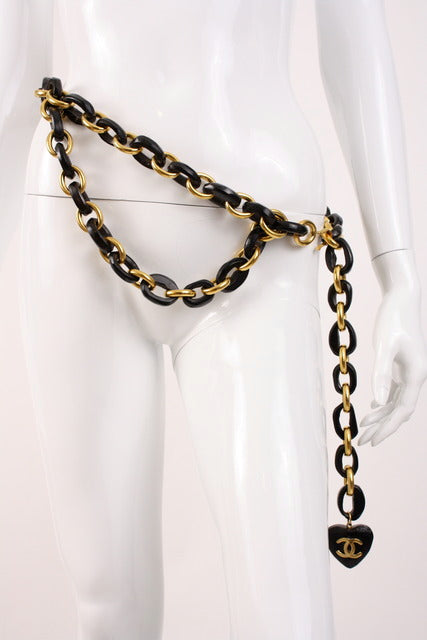CHANEL CC Spring 1992 Haute Couture Black Woven Leather Link Chain Belt