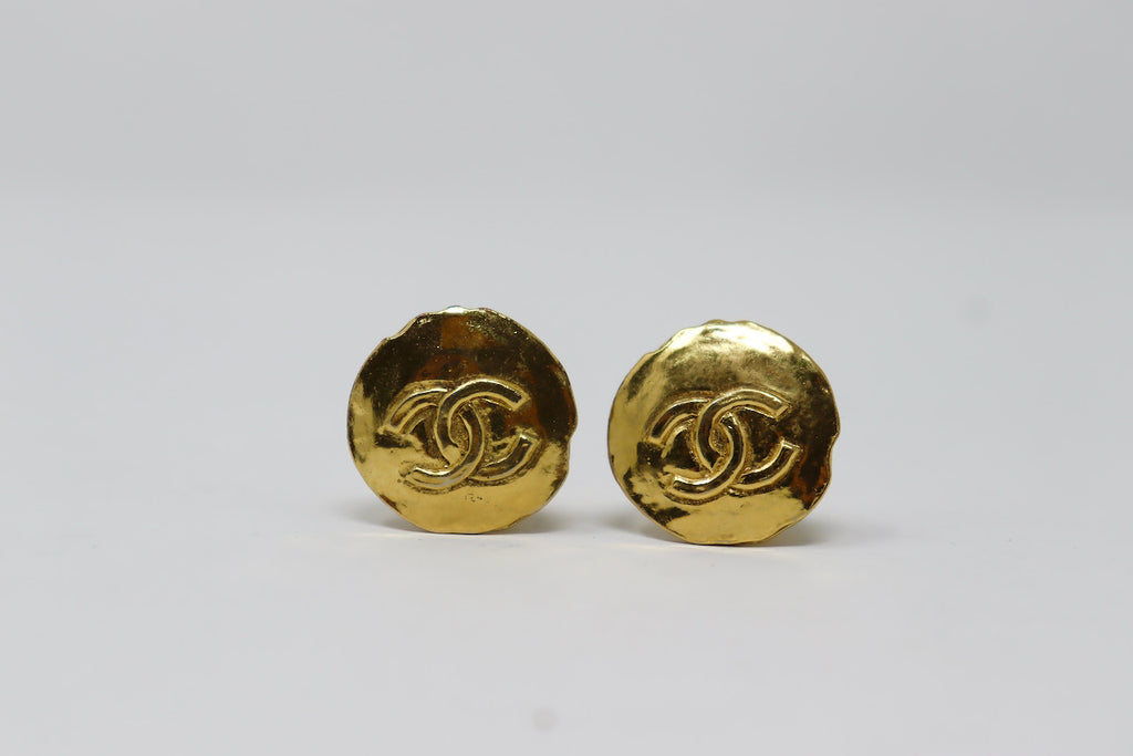 Vintage CHANEL Gold Hammered Logo Earrings