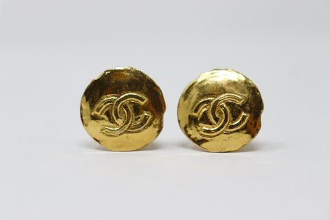 Vintage CHANEL Gold Hammered Logo Earrings