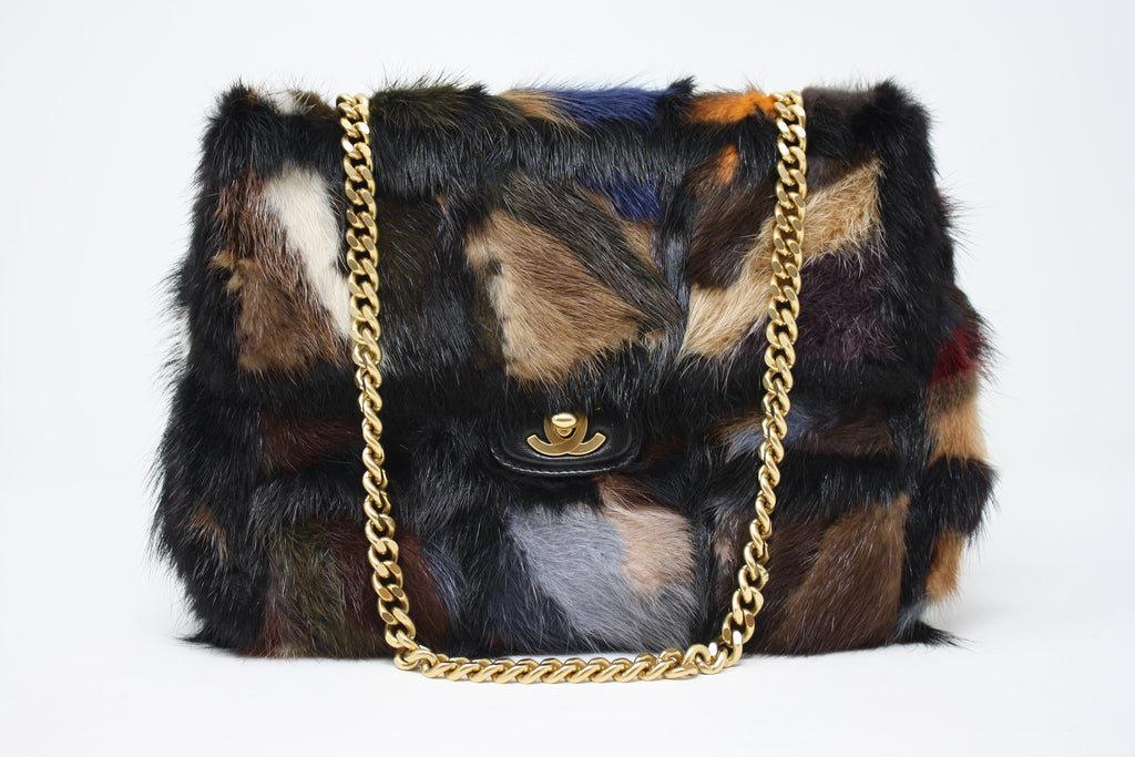 Rare Vintage CHANEL Multi Color Mink Fur Flap Bag