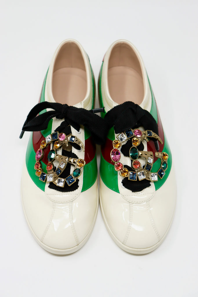 GUCCI Patent Leather Falacer Web Jeweled Sneakers