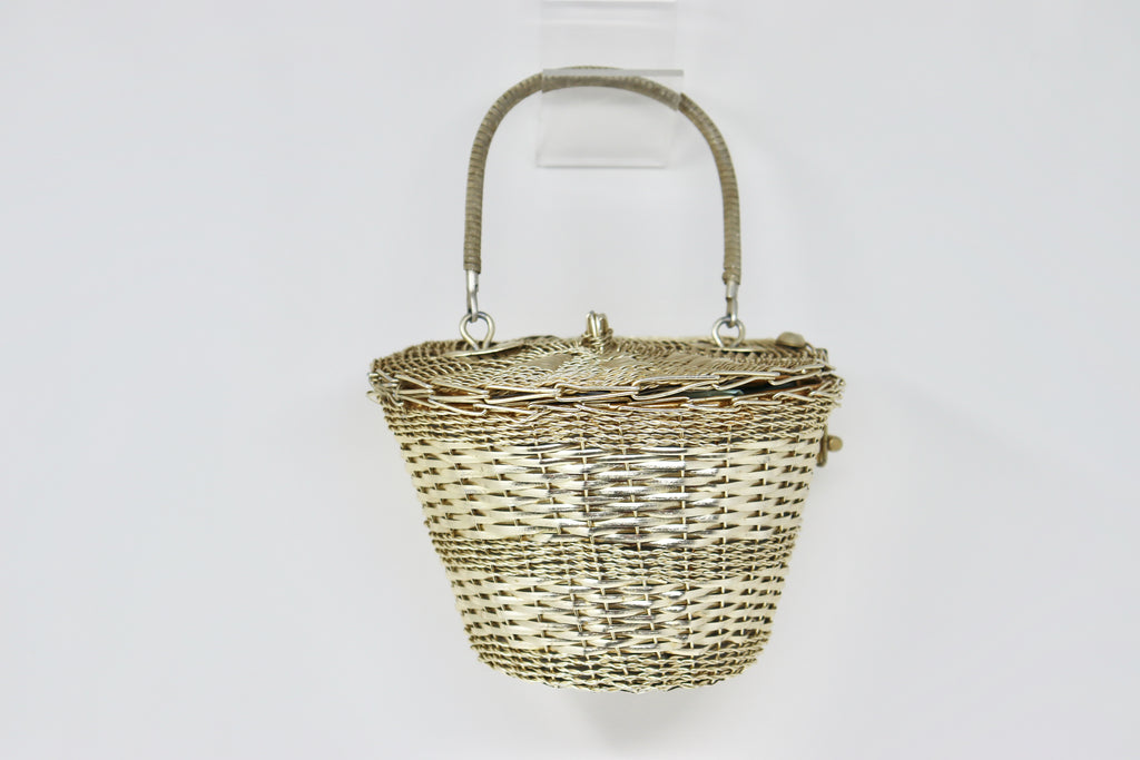 Vintage 60's Metal & Metallic Wicker Basket Handbag