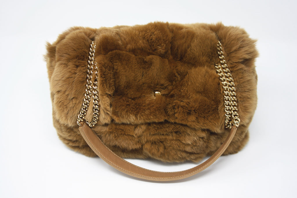 CHANEL Brown Lapin Rabbit Fur Chain Shoulder Bag W/Pouch Excellent