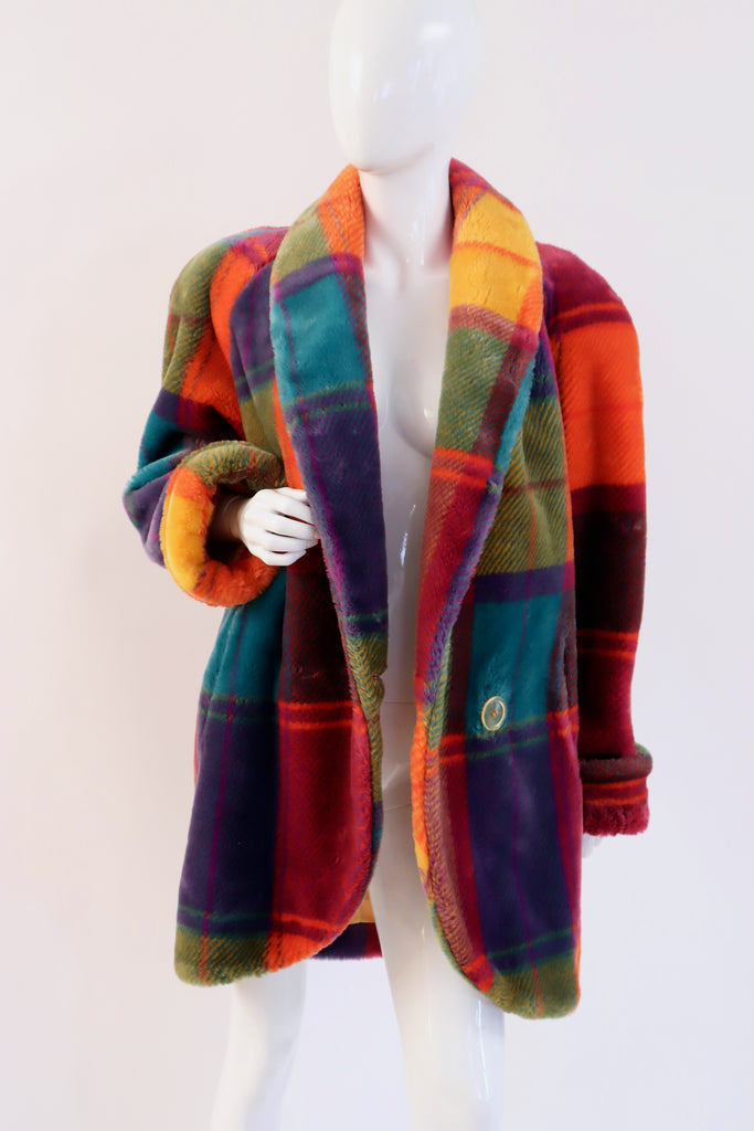 Vintage 80's Rainbow Plaid Faux Fur Coat at Rice and Beans Vintage