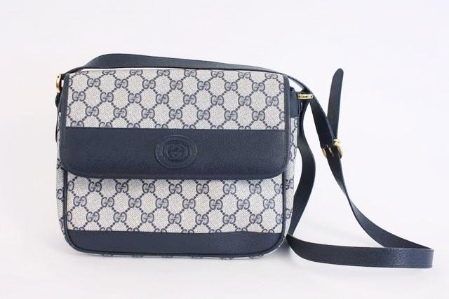 Gucci 1980s Navy Monogram Canvas and Leather Shoulder Bag