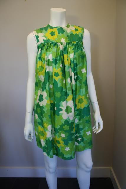 Vintage 60's Green & Yellow Floral Print Hawaiian Baby Doll Dress