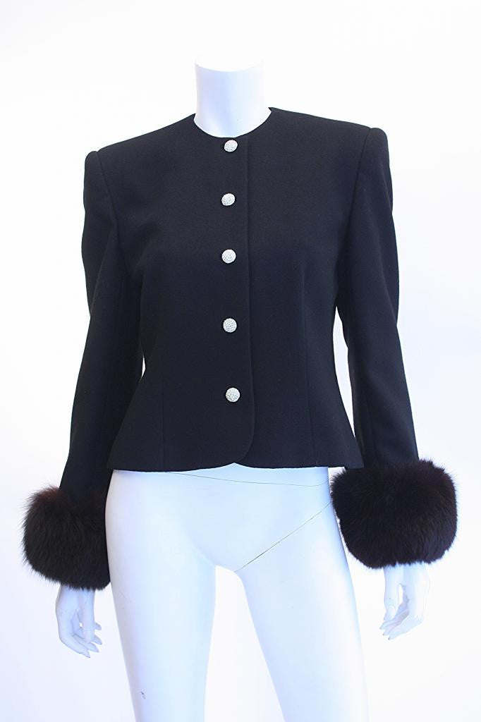 Vintage DAVID HAYES Black Jacket w/Fox Fur Cuffs