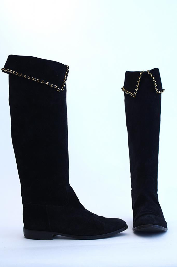 Chanel brown-black quilted tweed chain biker boots