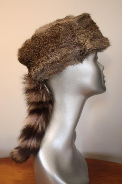 Vintage Daniel Boone Raccoon Fur & Rabbit Fur Hat with Tail