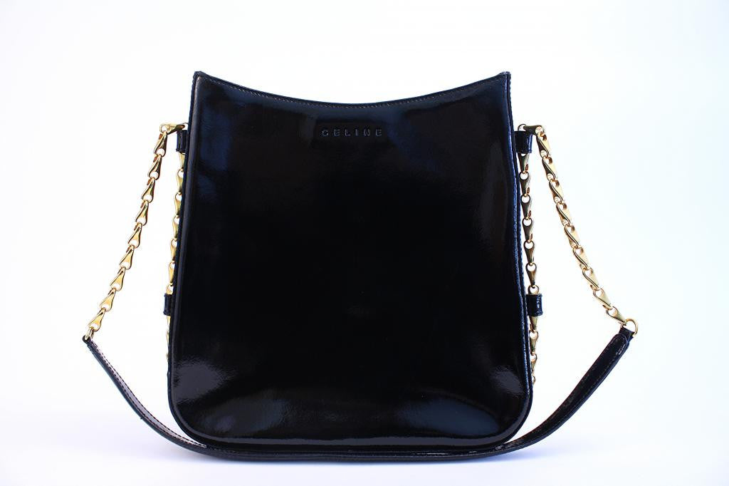 CELINE Black Patent Leather Handbag w/Gold Chain