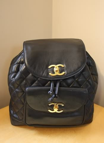 Vintage CHANEL Large Black Quilted Lambskin Backpack with Chain Detail & Double Gold CC Closures