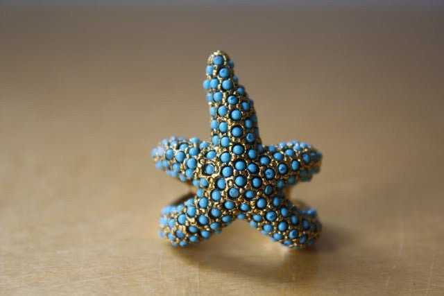 90's KENNETH JAY LANE Gold & Turquoise Star Fish Cocktail Ring