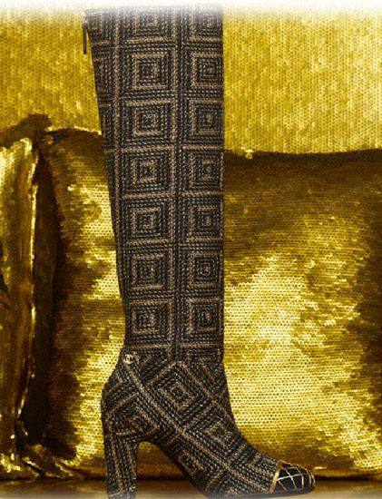 CHANEL, Shoes, Chanel Gold And Black Embellished Cc Suede Wedge Boots