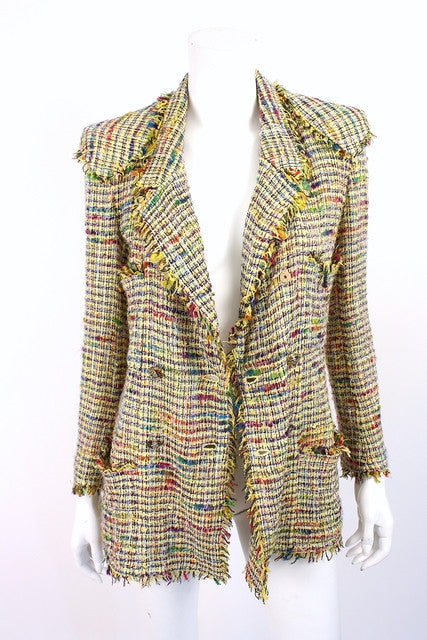 Chanel Cotton Tweed Fringe Striped Jacket Multicolor