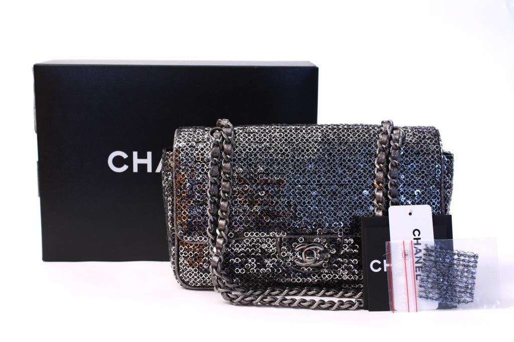 Chanel Black & Navy Blue Sequin Medium Single Flap Bag with