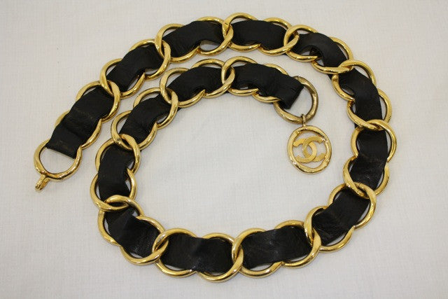 Vintage CHANEL Extra Wide Chain Link & Black Leather Belt with Large CC Emblem