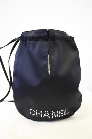 2003-2004 CHANEL Black Satin Drawstring Evening Bag with CHANEL Name in Faux Pearls with Silver Embossed CHANEL Charms