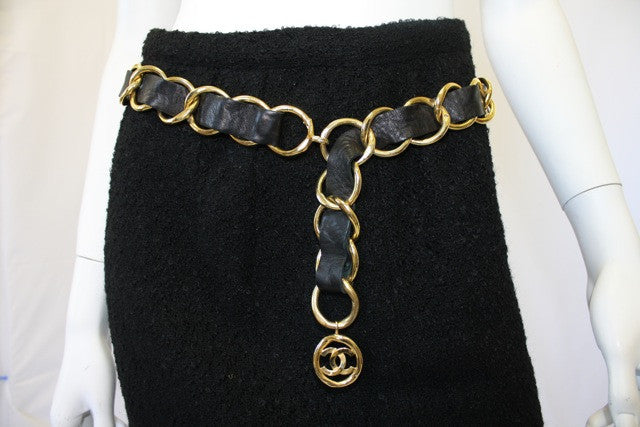 Vintage CHANEL Extra Wide Chain Link & Black Leather Belt with Large C
