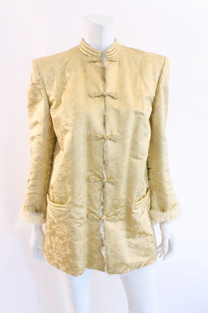 Vintage 70's Silk Brocade Curly Lamb Coat