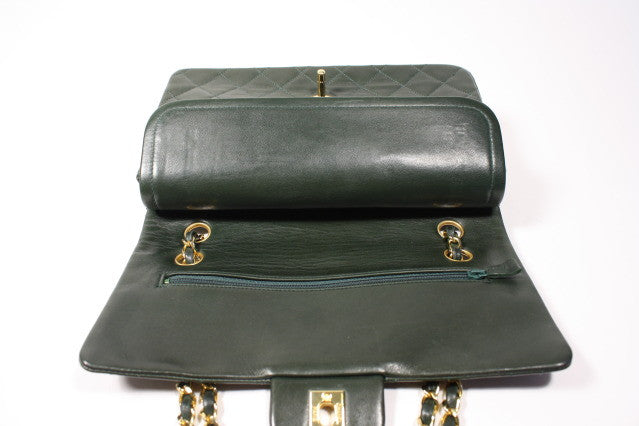 Vintage chanel forest green small full flap with double chains 24k