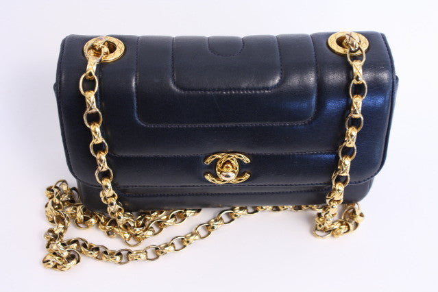 Vintage Chanel CC Flap Bag Quilted Navy Blue Lambskin