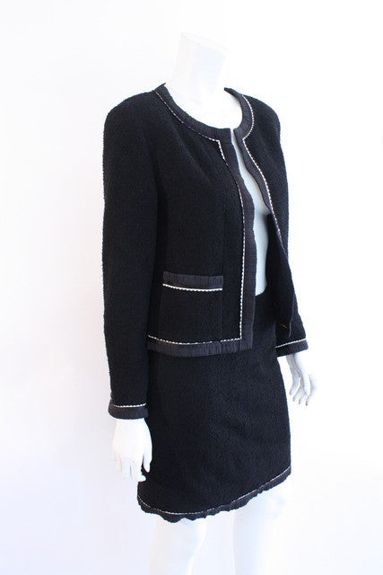 Vintage Chanel Skirt and Jacket Suit Cream Wool Black Chantilly