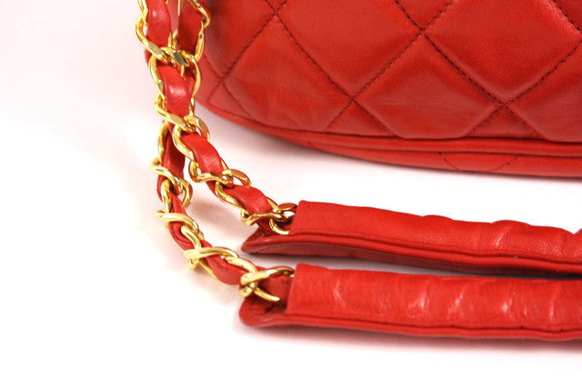 CHANEL Vintage Lipstick Red Quilted Satin Crystal Chain Strap