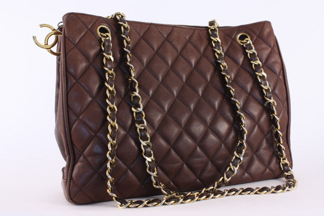 Vintage CHANEL brown quilted lamb leather classic tote bag with