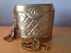 Vintage 1989-1991 Rare CHANEL Gold Metallic Quilted Lambskin Box Bucket Handbag with CC & Chain & Leather Shoulder Strap, Bag, & Box