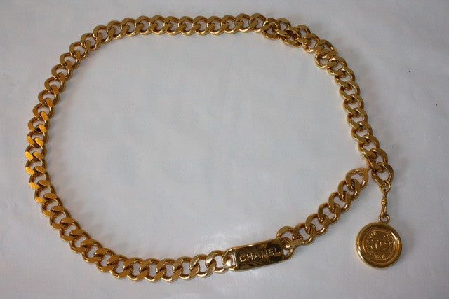 Vintage CHANEL Gold Plated Chain Link Belt or Necklace with CHANEL Nameplate & Circle CC Medallion