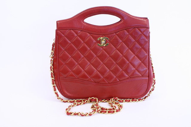 Authentic Chanel Red Tote Handbag With CC Chain Rare 