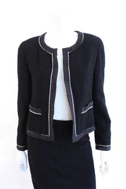CHANEL 1993 Black Jacket Tweed Bouclé Wool Skirt Suit CC Logo