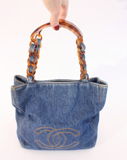 Chanel Mini Denim Tote Handbag Tortoise Handle at 1stDibs