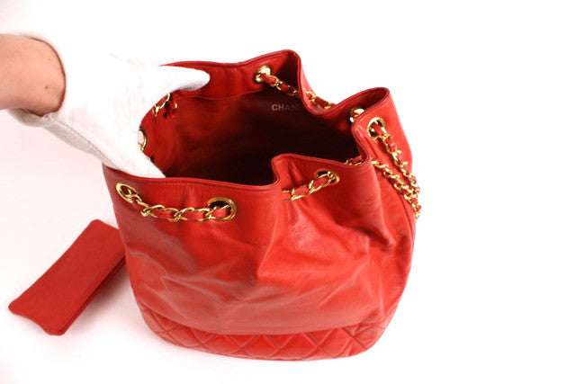 Chanel Red Leather Vintage CC Drawstring Bucket Bag Chanel