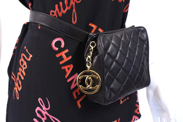 Vintage Chanel Black Lambskin Waist Belt Bag 