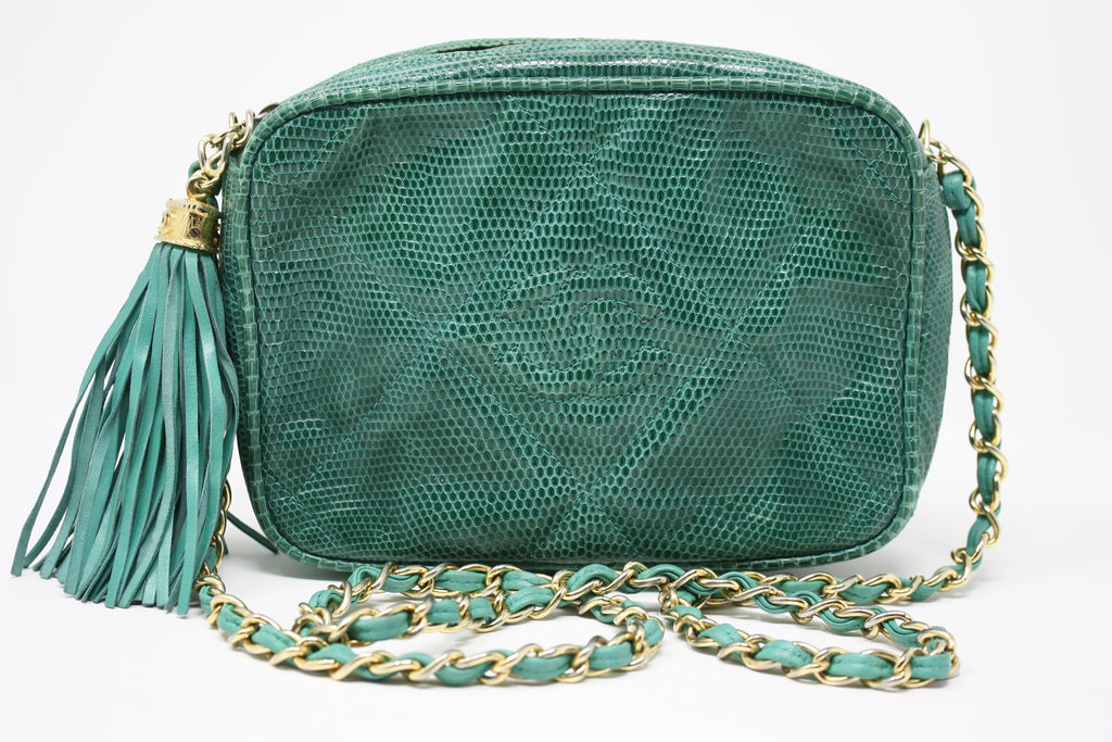 Rare Vintage CHANEL Teal Lizard Camera Bag at Rice and Beans Vintage