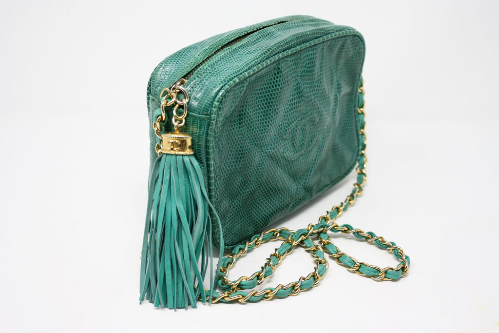Rare Vintage CHANEL Teal Lizard Camera Bag at Rice and Beans Vintage