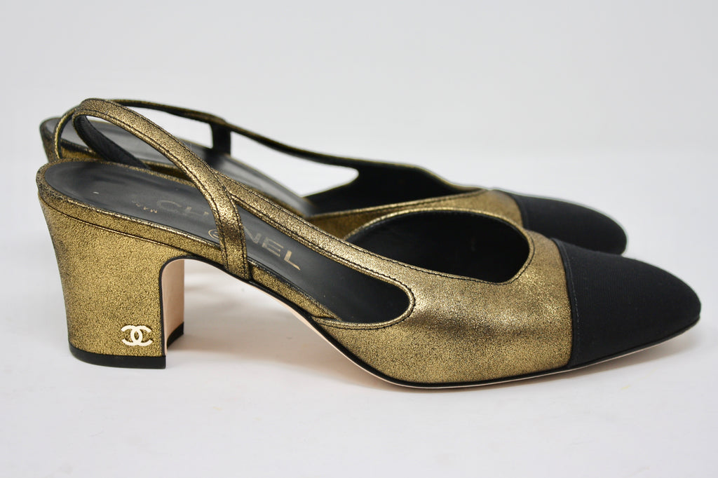 17A CHANEL Gold Slingback Pumps at Rice and Beans Vintage