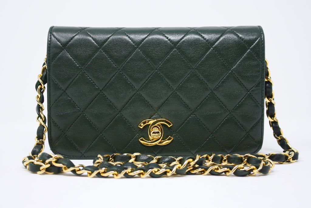 Vintage chanel forest green small full flap with double chains 24k